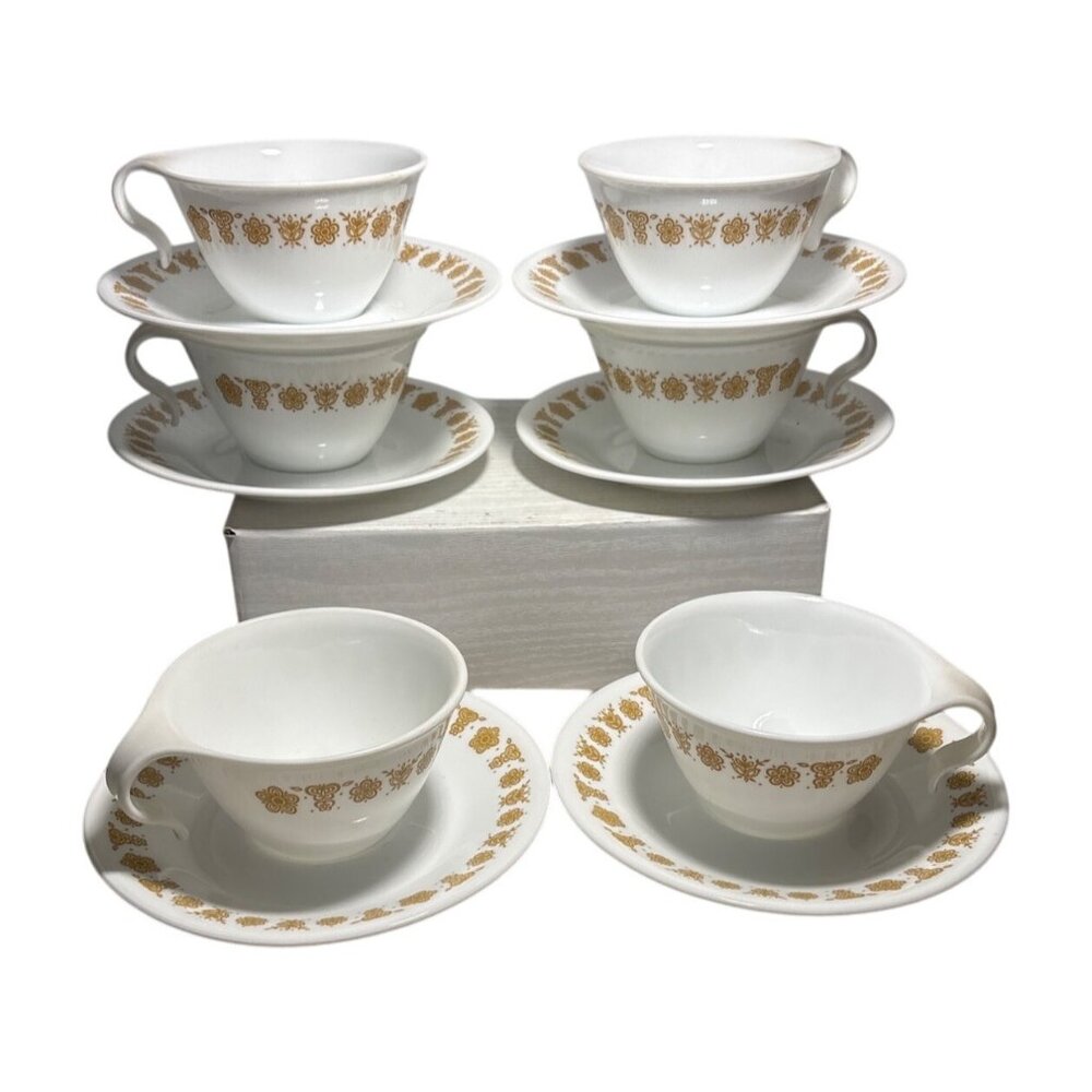 Corelle Butterfly Gold Tea Cups With Hook Handles and Saucers Set of 6 Vintage